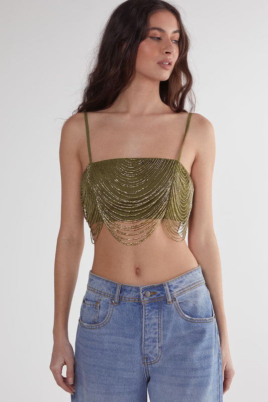NastyGal Loop Tassel Bralet Olive - CASA