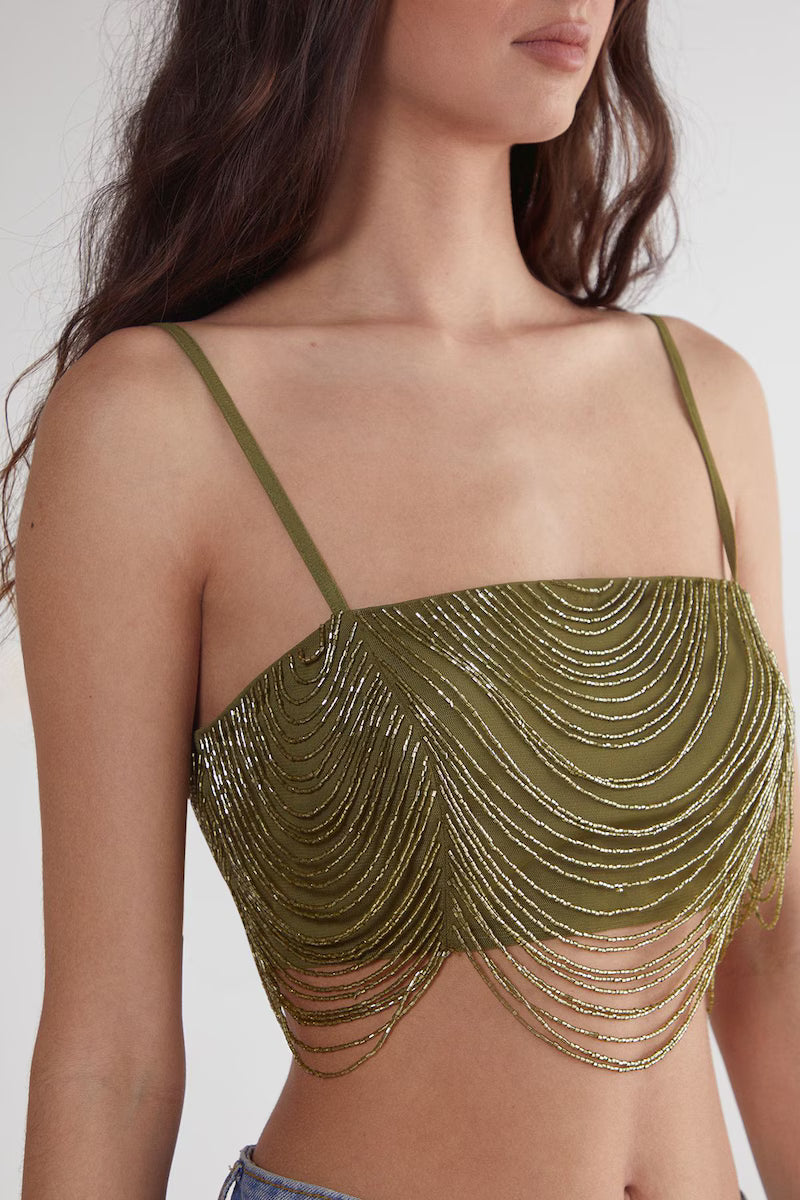 NastyGal Loop Tassel Bralet Olive - CASA